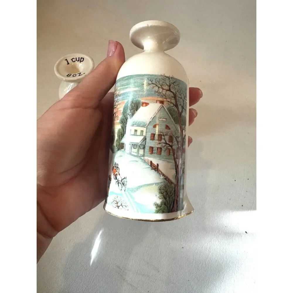 Vintage Ceramic Measuring Cups 1 Cup 3/4 Cup Winter Farm Scene Set of 2